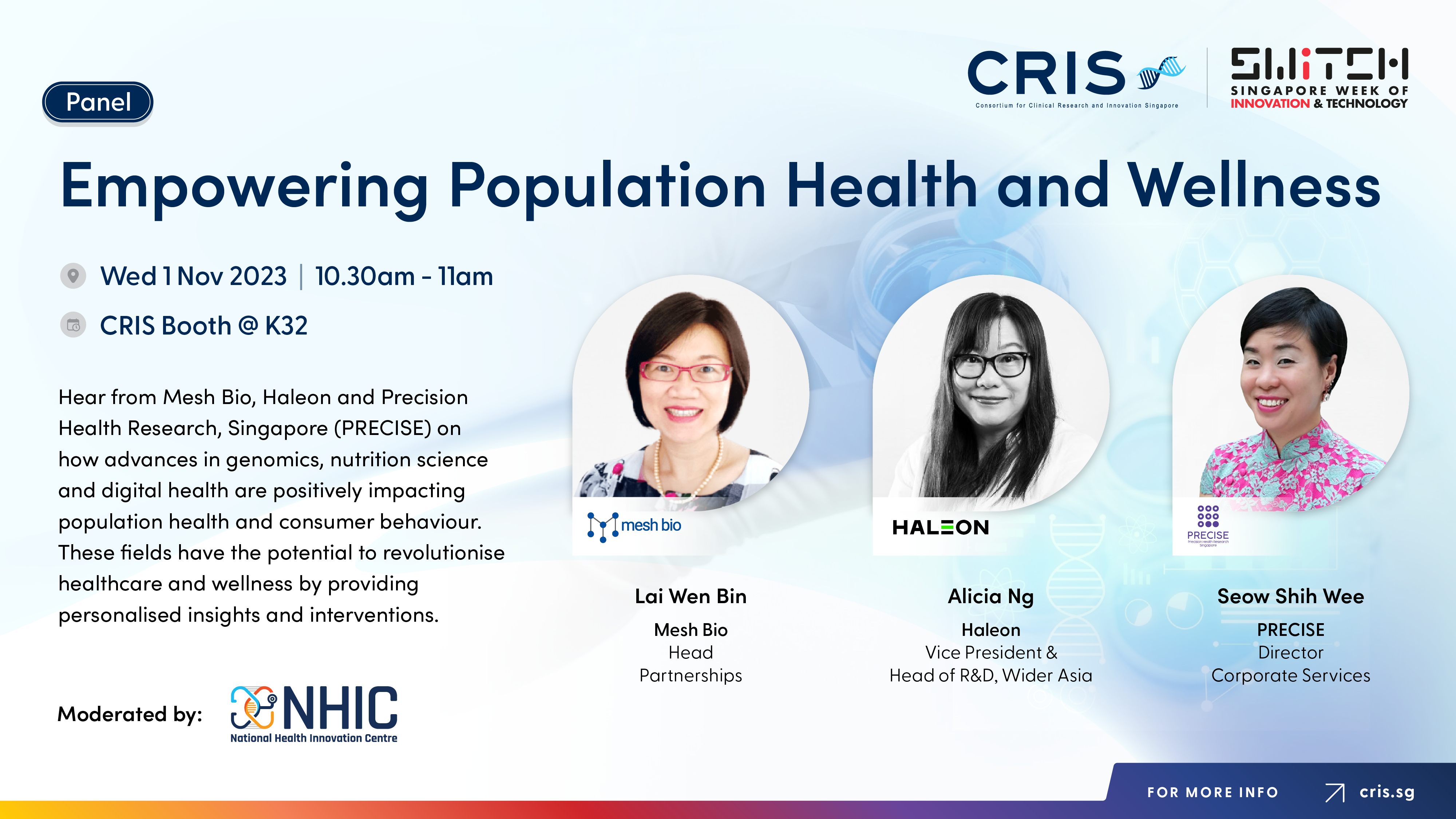 Panel discussion on "Empowering Population Health and Wellness" with speakers from Mesh Bio, Haleon, and PRECISE on Nov 1, 2023.